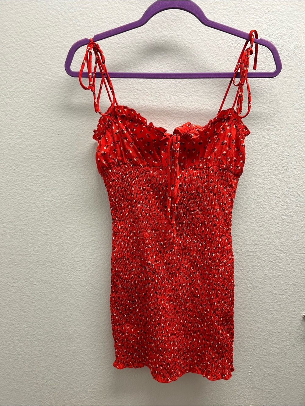 Red Smocked Mini Dress with Tie-Strap Shoulders